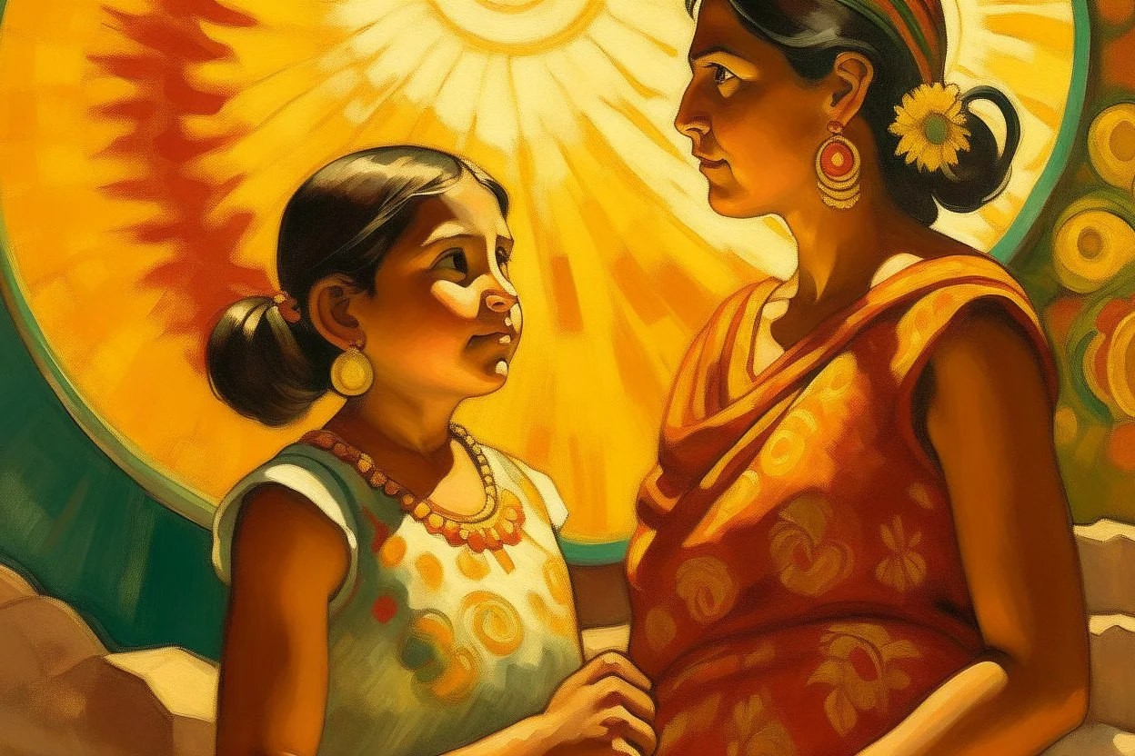 mexican woman and child looking at each other painting neoclassism whole body zoom the sun