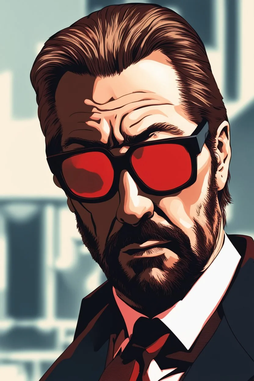 an muscular and menacing Hans Gruber wearing red-tinted glasses