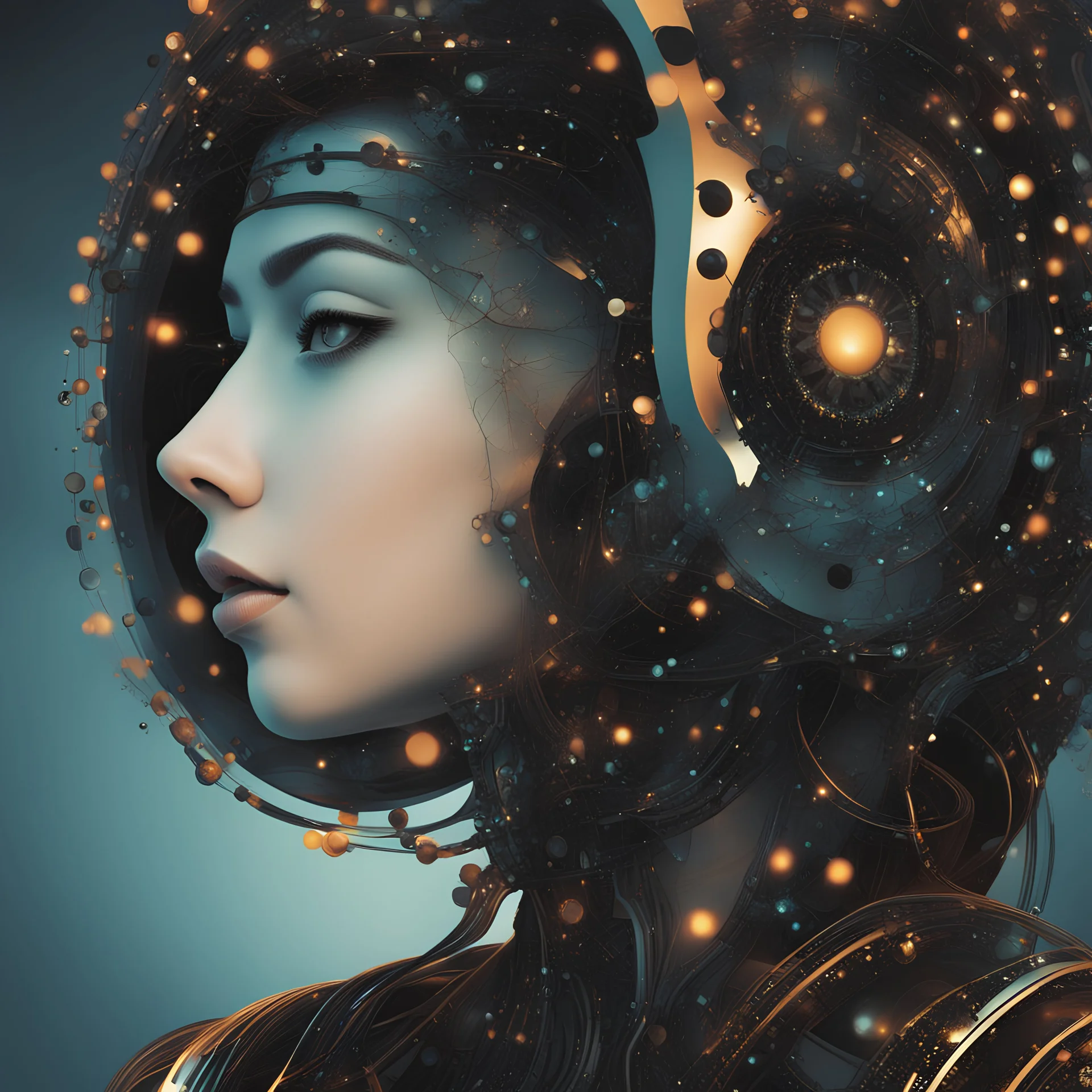 a close up of a person's face with dots on it, digital art, by Jason Benjamin, shutterstock, digital art, portrait of a mechanical girl, !!! very coherent!!! vector art, retro computer graphics, fractal human silhouette, robotic bust, side profile artwork, a cyborg meditating, modern - art - vector