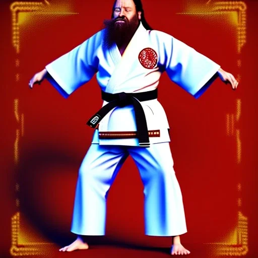 Homme gros ventre en kimono karate, barbe, long cheveux, chigon, dojo, coup de pied