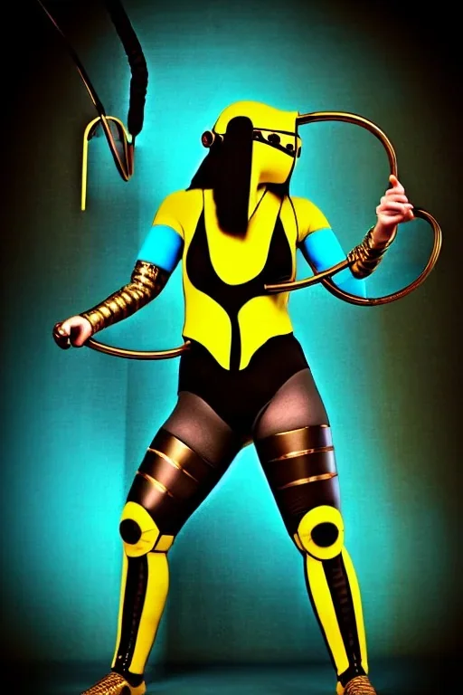 Realistic photograph. Geometric 3D tiling on the background, Egyptian. Bronze color, Yellow, Black Cyan, Cyber-punk, full-mask, big old AKG headphones, golden rings & disc, fencing mask. Selfie both hands. Asa Akira, lightly armored, electronic circuits. Thick tights, thick calves, bend fell, wide hip, flat belly. Ancient artifact attached. Perfect body. Matrix movie clothes, Silver leather area, tippet, latex. Wicked sneakers. Daft Punk, Tron Movie. Haute Couture. 1990's. Ancient telephone