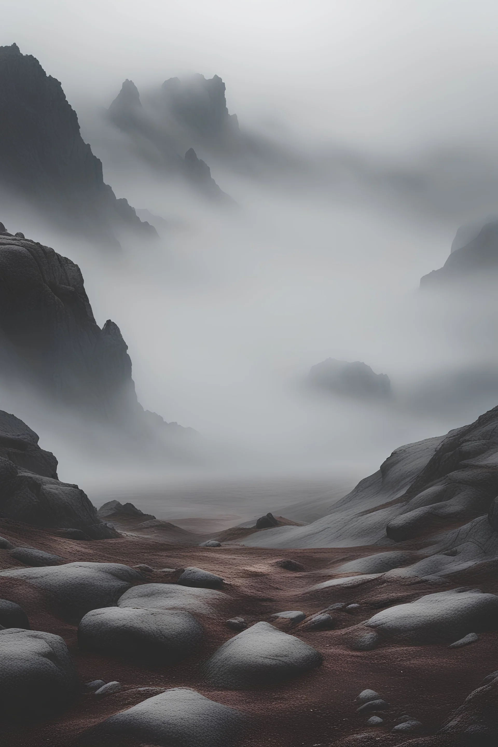 A rocky wasteland surrounded by fog