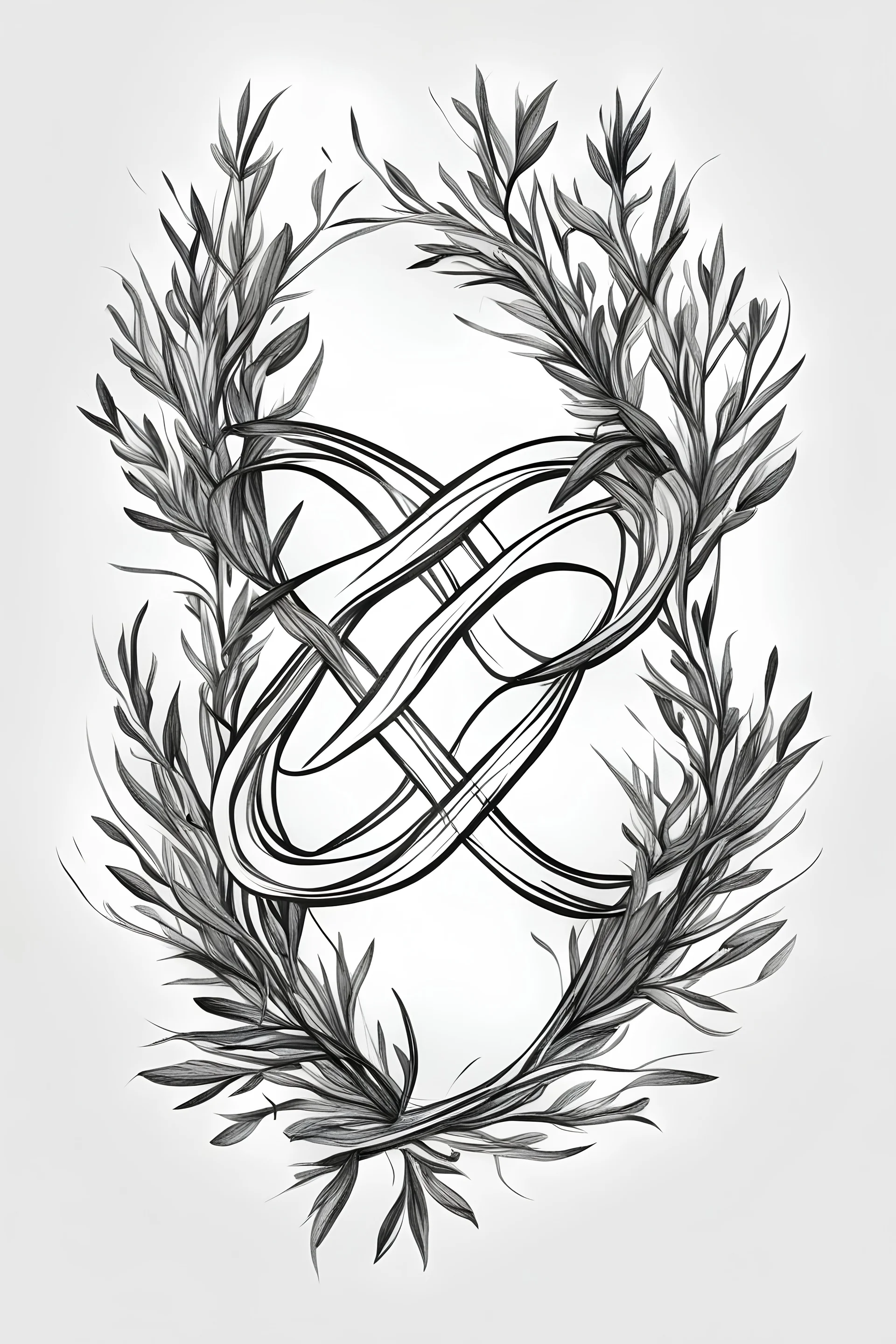 A flash line drawing of a infinity symbol made out of olive branches black in on white background for a tattoo design