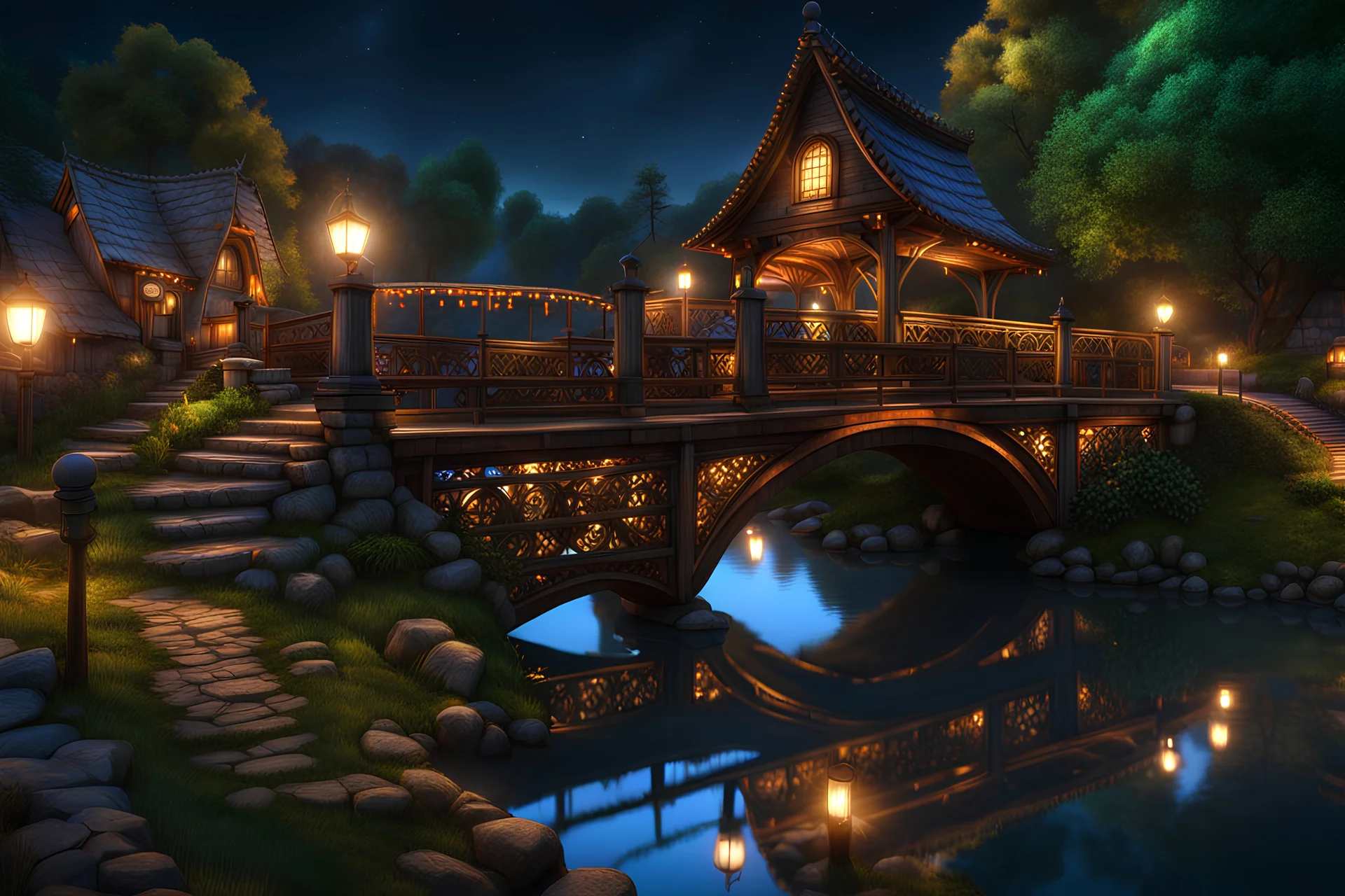 Village Bridge at night :: 8k 3D, hyperdetailed , intricately detailed , Unreal Engine 5, maximalist , airbrush art , pencil sketch , mixed media , radiant , triadic colors , award winning, crisp quality, HDR, cel-shaded, centered