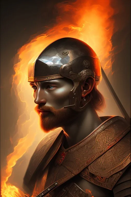 Fire theme art, Dark moody night atmosphere, Portrait of a warrior man by Michelangelo, 8K, close-up face, anatomically perfect face