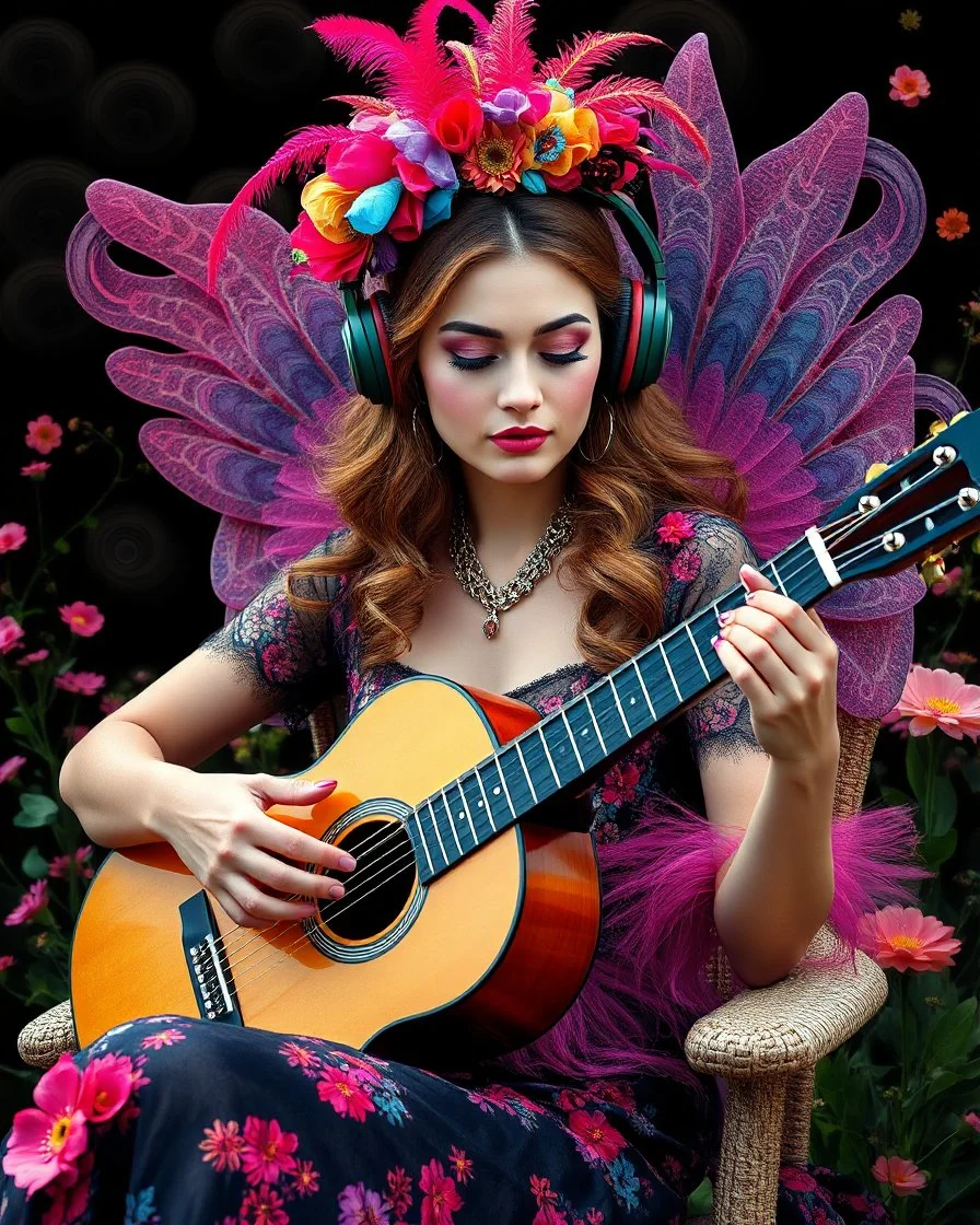 Gorgeous Realistic Photograph Pretty European Supermodel Beautiful, a stunning adorned in vibrant luxury carnival attire, headphones,playing acoustic guitar sitting in chair park flowers,ethereal beauty, black background, with swirling colors and fantastical tiny flowers, enchantment and grace, twisted vines, whimsical, surreal landscapes, emotive style, dreamlike quality, and magical realism, carnival red, ethereal pink, whimsical blue, vibrant green, celestial purple, golden amber