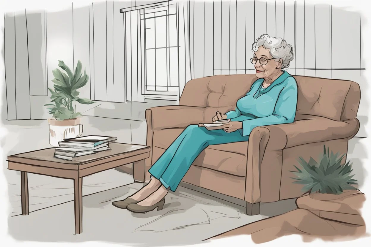 digital drawing of a Grandma sitting in a sofa talking to someone