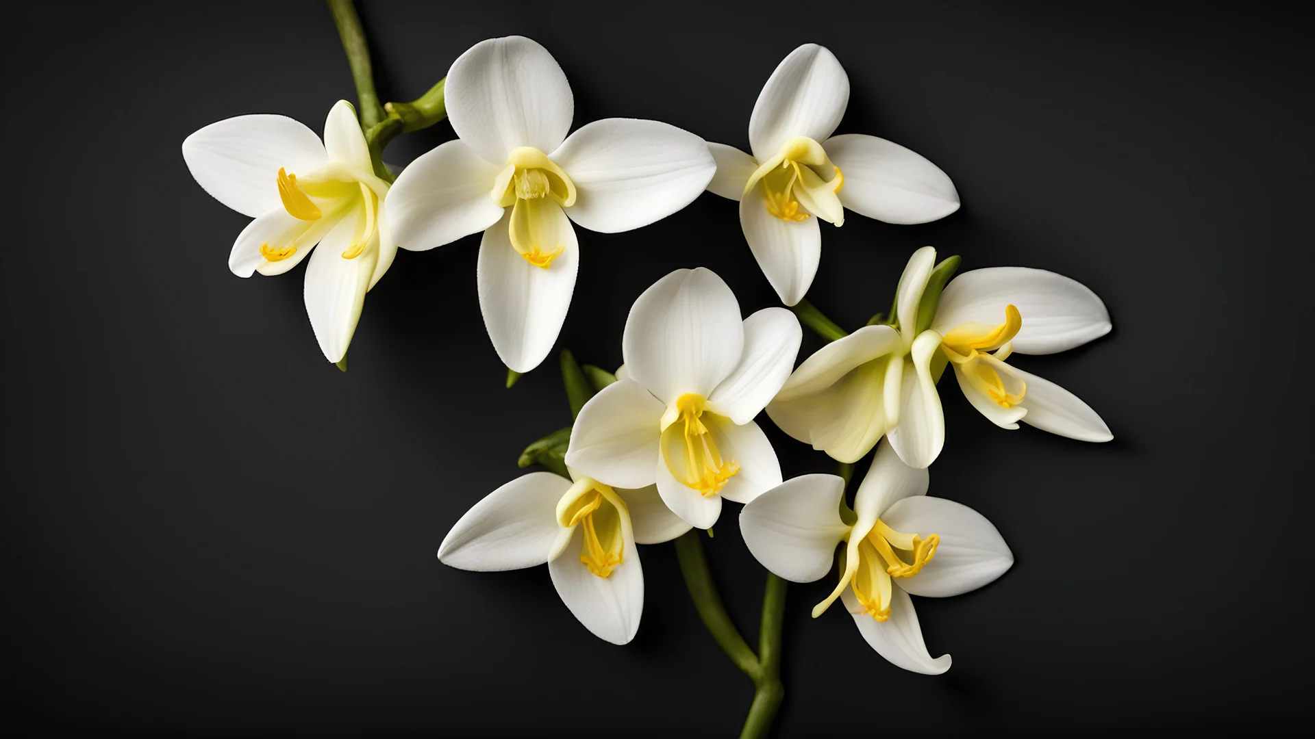 Isolated vanilla flowers on black background. Aromatic, fresh vanila flower yellow and white. Ambiance orchids and stick. Flavour, organic, tasty, elements, nature and natural. For design ingredient label.