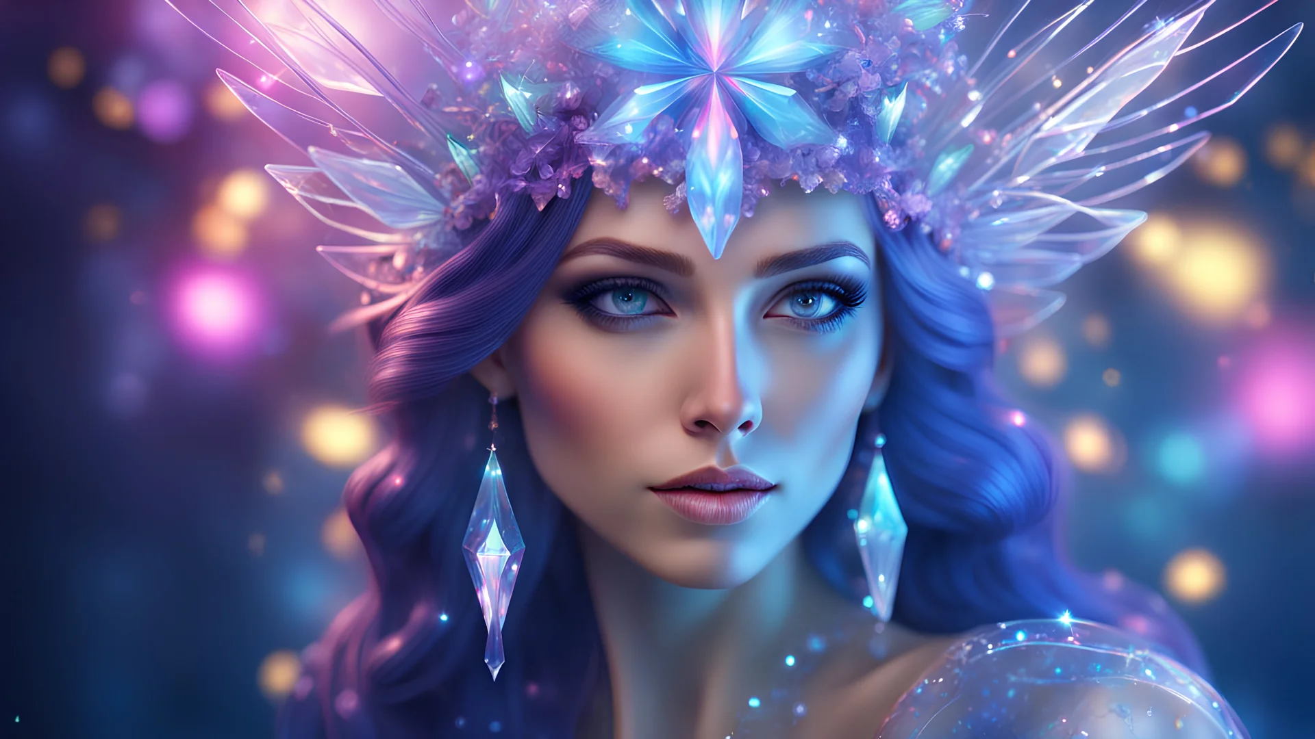 photorealistic , sparkling magical fantasy crystal glass woman fairy very detailed, amazing quality, intricate, cinematic light, highly detail, beautiful, surreal, dramatic, galaxy woman fantasy colors
