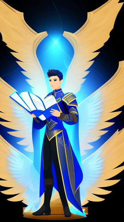 a human male with blue short hair and blue wings in assymetrical armor with geometric patterns and a book in hand, geometric wings