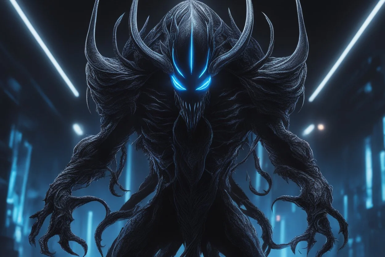 Huge symbiote in 8k solo leveling shadow drawing, Cthulhu model, neon blue lights, sea, intricate details, highly detailed, high details, detailed portrait, masterpiece,ultra detailed, ultra quality