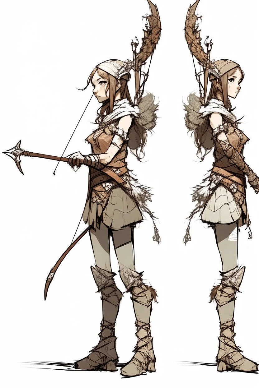 Girl Archer concept art, small head, full body, sketch, coll style, bow