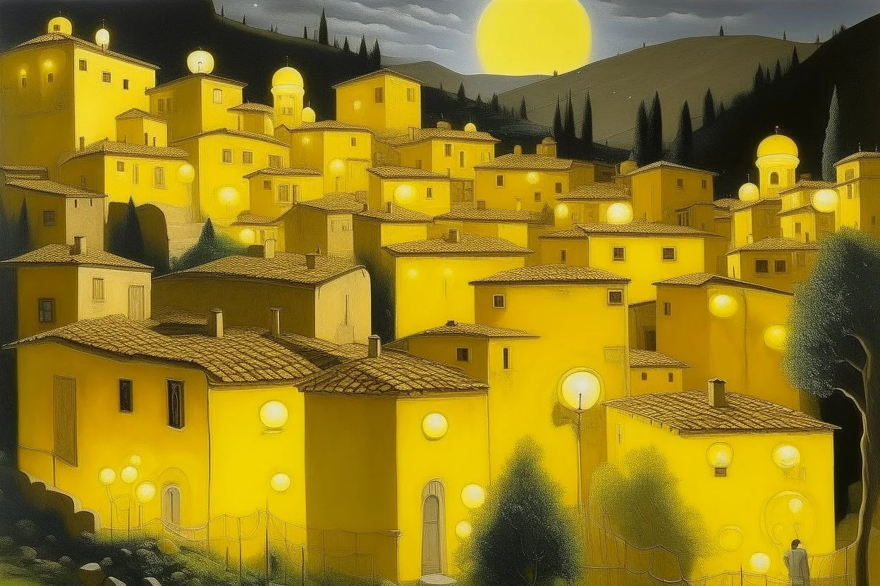 A small yellow village with lightbulbs painted by Michelangelo di Lodovico Buonarroti Simoni