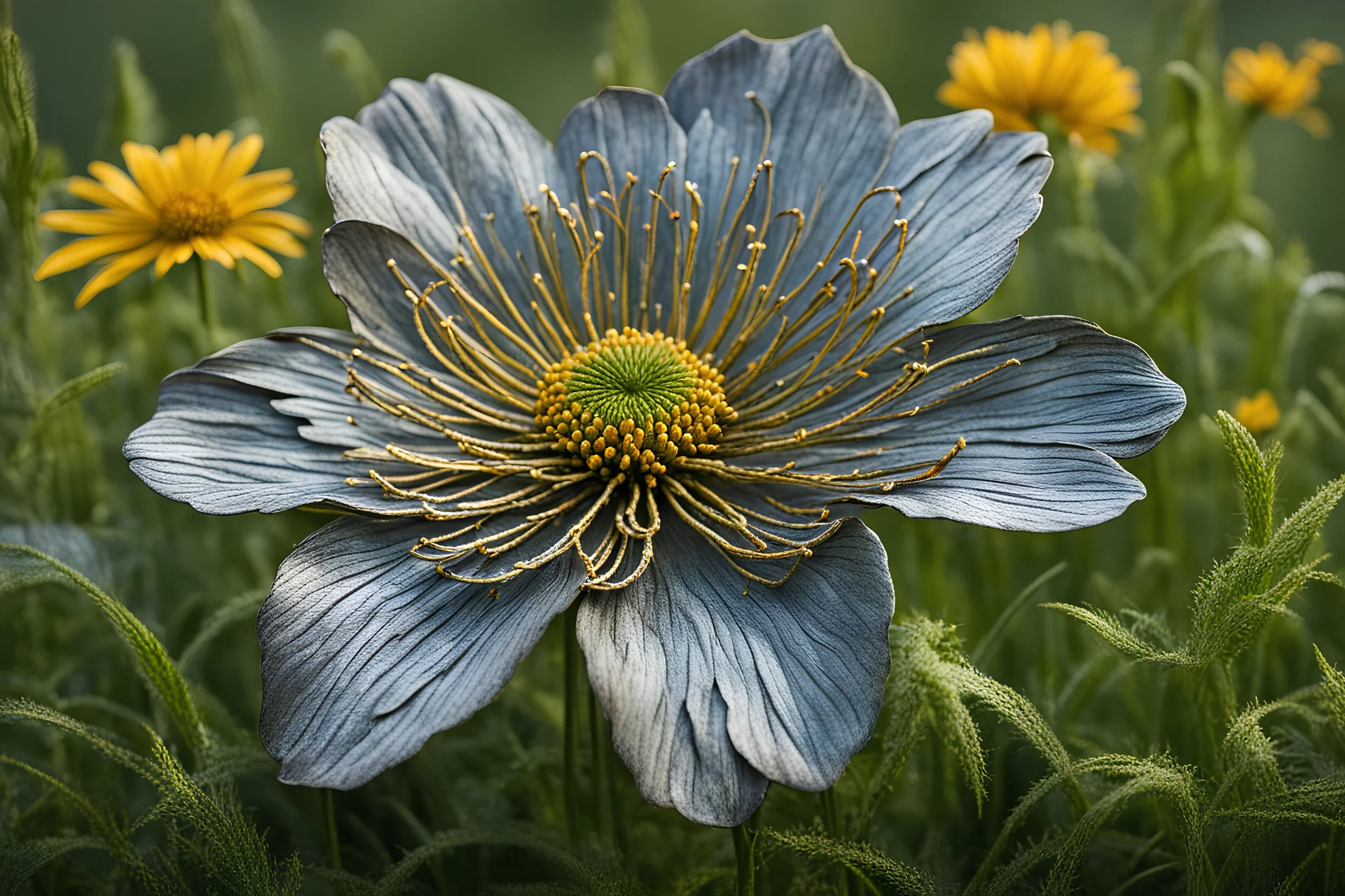 A lifelike thick metal flower blooms amidst a serene meadow, its intricately woven petals and stem radiating realism and rich detail.