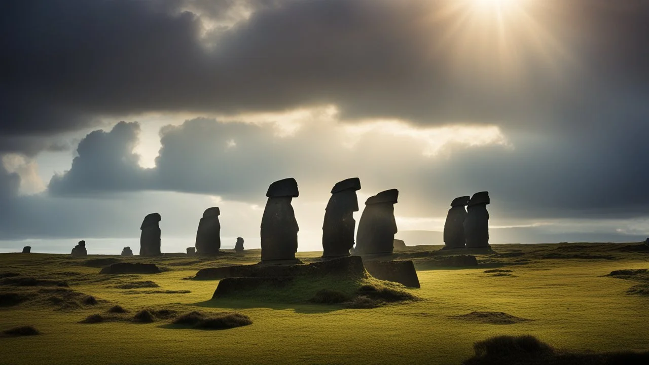 calm beauty, fantasy, magic, splendor, uplifting, inspiring, therapeutic, Easter Island, springtime, sunlight, chiaroscuro, color, award-winning colour photograph, Nikon 135mm