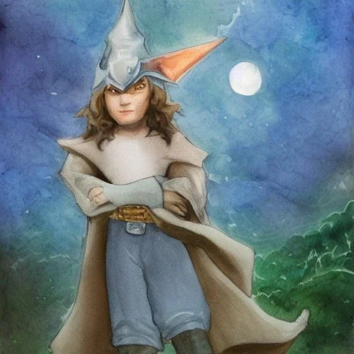 dungeons and dragons, elf, pointy ears, wizard, magician's robe, wizard hat, portrait, face, watercolour, large strokes