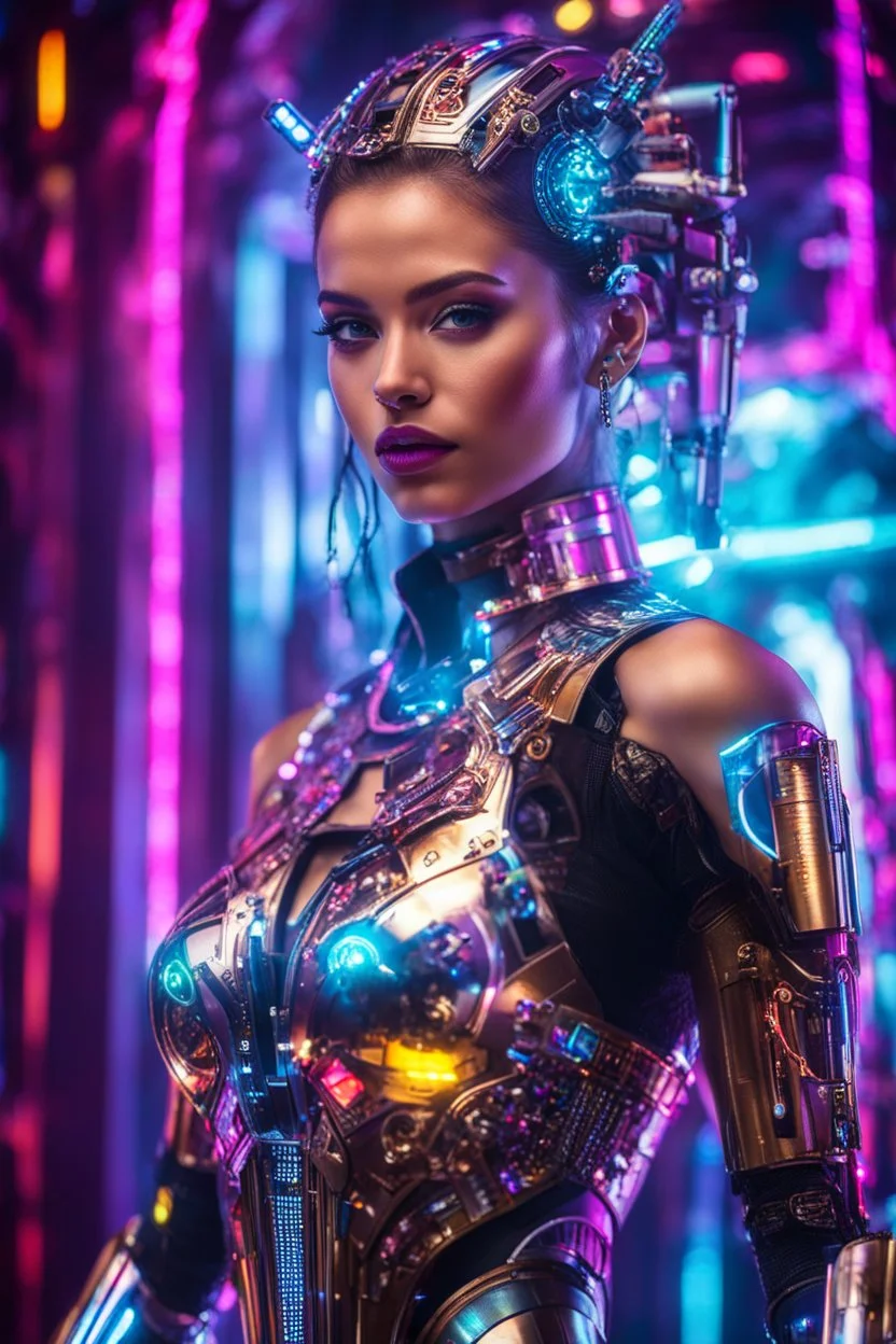 Photography High detailed super model beautiful woman as DJ body robot in disco club playing music,with cybernetic elements on metal dessing futuristic, neon lights reflections,intricate design and details, dramatic lighting, Cinematic lighting, Volumetric lighting, Epic composition, Photorealism, Bokeh blurry