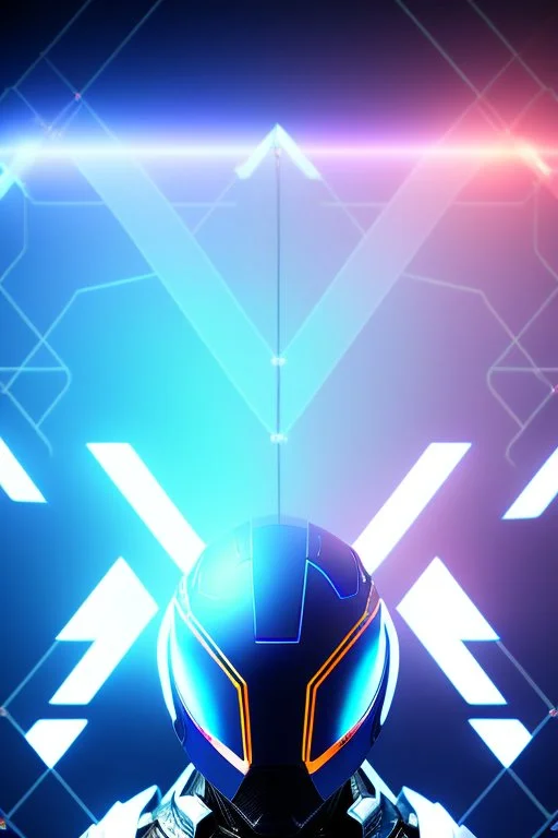 neon blue, floating triangle of light orbiting behind the back, cyber armor, geometric patterns on armor, male, orbiting triangle