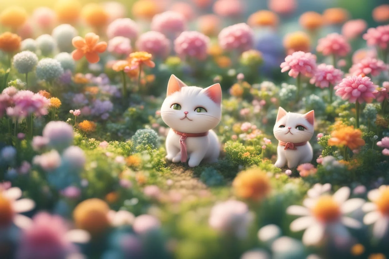 top view of a miniature flower farm scene with cute chibi anime gardener cats tending to the flower fields S<AI in sunshine, photorealistic, 3D, ethereal, cinematic postprocessing, bokeh, dof