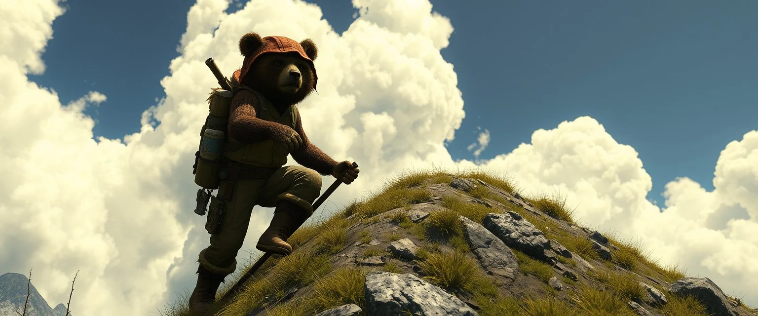 the coolest sassy bugbear explorer climbing a hill with crazy swag in the style of fallout 4