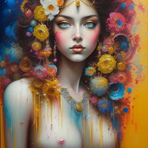 iv_a painting of a young woman, figurative art, an acrylic detailed painting, , brush strokes, paint drips and drabs and splatters by Harumi Hironaka, turquoise pink and yellow, james terrell art, trending on artstation, soft lines,intricate art by bastien lecouffe deharme and greg rutkowski