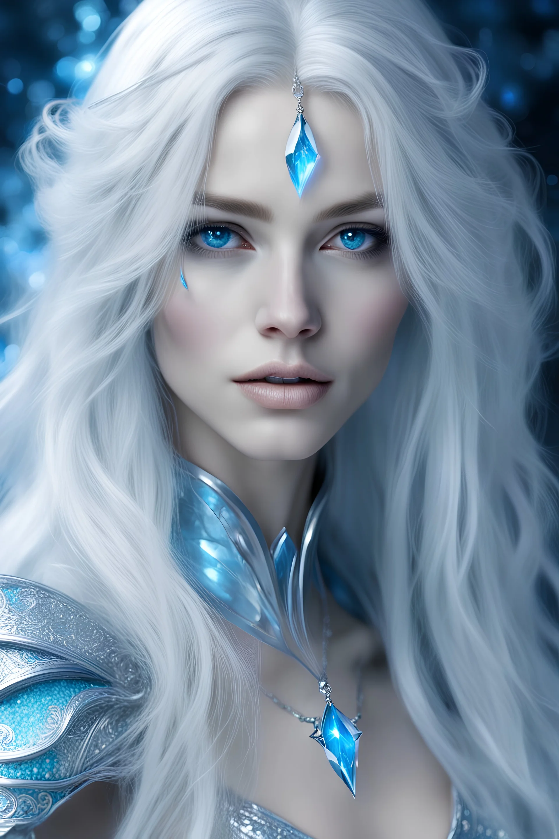 A striking female human sorcerer in her mid-20s, with an otherworldly aura. Long, flowing silver hair frames her pale face, accentuated by piercing blue eyes and frost-kissed, icy blue lips. Her skin is alabaster, as if rarely touched by sunlight. She wields a staff of pure, crystalline ice that sparkles with arcane energy. Her robes, while somewhat revealing, shimmer with intricate frost patterns, hinting at her mastery over cold magic.