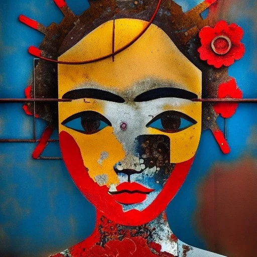 an abstract painting of rusted metal and flowers, Geisha portrait, rust, scaffolding, iron cladding, decay, mixed media, textured, anatomically correct, beautiful perfect face, sharp focus, highly detailed by Joan miro 8k