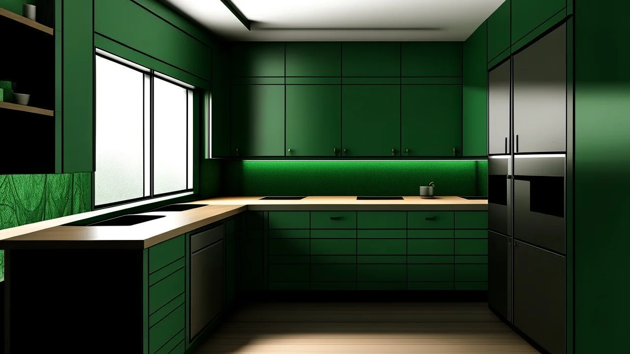 kitchen with dark green furniture, forest wallpaper on a white wall, on the left side next to the window there is a microwave and oven installed in the furniture, and on the right side 5 cm from the induction hob and a kitchen hood above it,