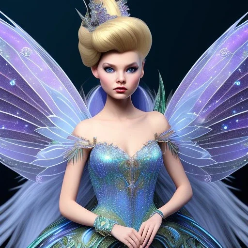 Tinker Bell fairy,detailed eyes, disturbed expression.intricate detaile,thnically accurate face, intricate head dress,intricate blu fairy dress, detailed hair, detailed feathers,fairy wings use dynamic palette, accurate proportions, high contrast black smokey bokeh background. d & d style.