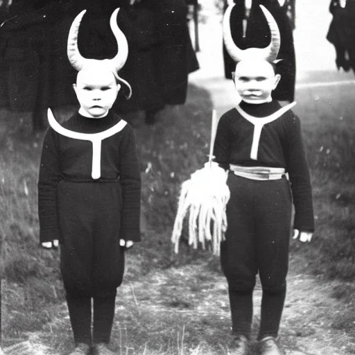 Creepy Old photo of children with horns and woollen masks