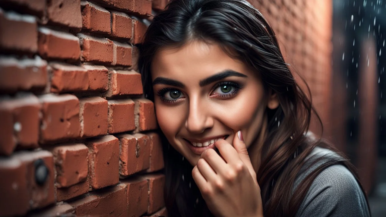 Hyper Realistic Photographic-Close-Up View Of a Beautiful Young Pashto Woman With Beautiful Eyes (& Eye Brows) & Beautiful Hands Peeking From A Brick-Wall Giving Bold Smile & Bold Expressions Putting Her That Hand On That-Brick-Wall At Rainy Night Showing Dramatic & Cinematic Ambiance.