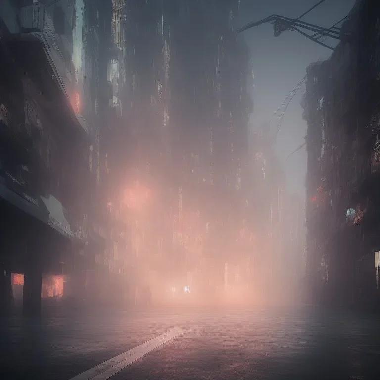 misty foggy area with a spirit inside in a bright asian modern city at night