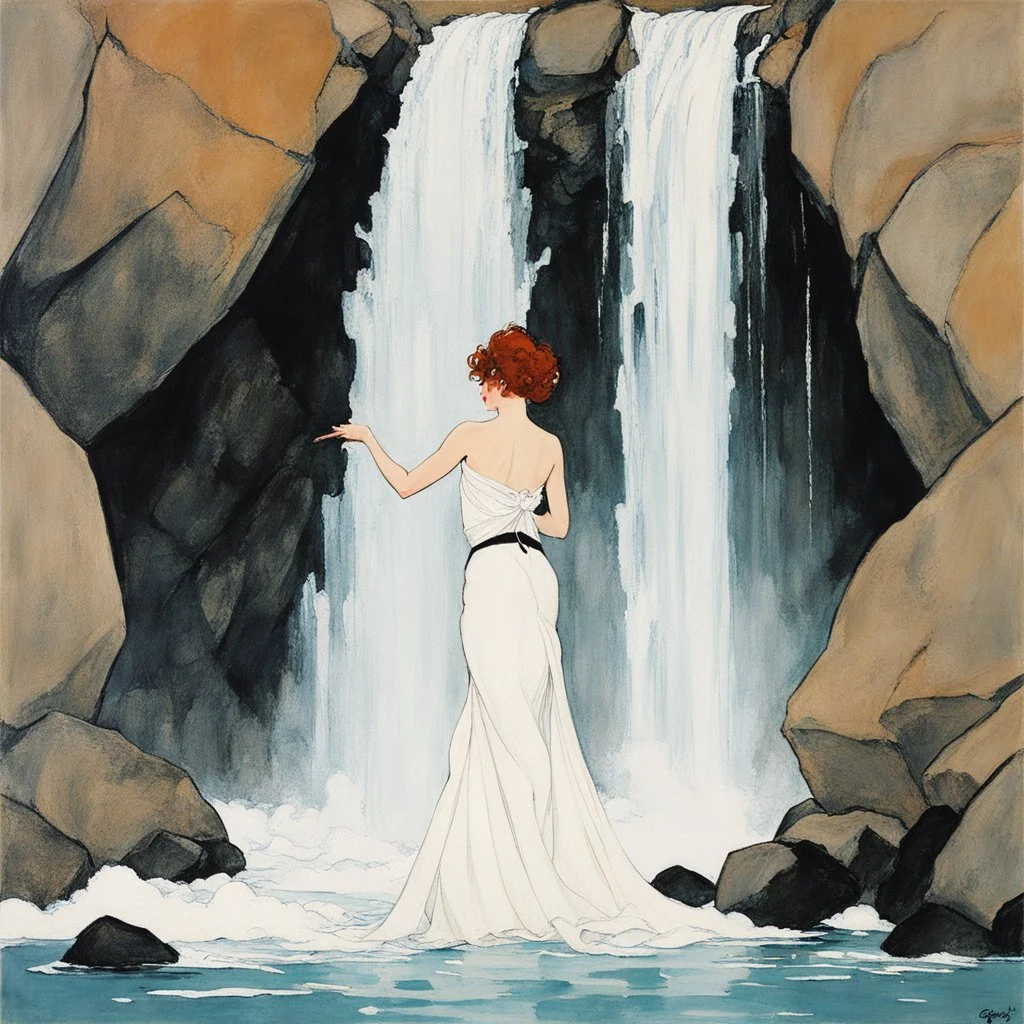 [art by René Gruau] posing beneath the waterfall by artist Egon Schiele