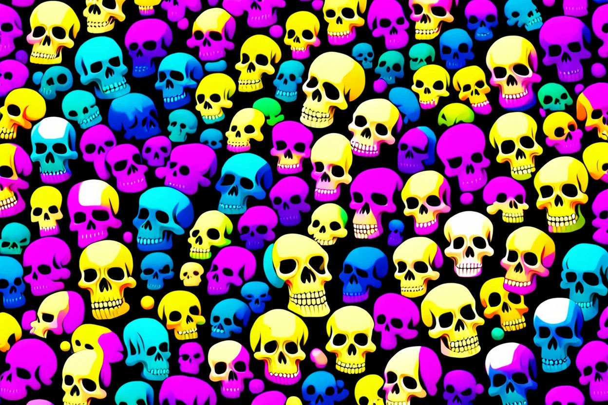a field of 1000s of cartoonish, anatomically correct, skulls, vivid RANDOM BRIGHT neon colors, dark comedy, well lit, high detail, photorealistic, horrorcore, fun, scary, none featured, each a different color or hue,