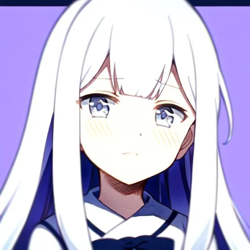 a close-up headshot of a kawaii shy young woman with long white hair, silver eyes with long lashes, slim delicate build, sickly complexion, soft, anime style, intricately detailed, splotchy watercolor background, adorable, cute