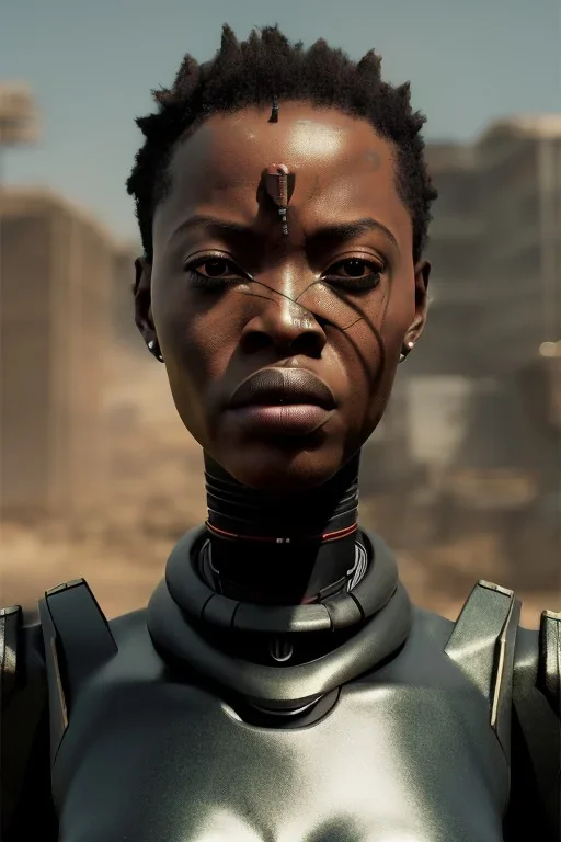 portrait,beautiful african robot, post-apocalyptic in a cyberpunk city, realistic, intriacte detail, sci-fi fantasy style, volumetric lighting, particales,highly detailed,cinamatic, deep colours,8k