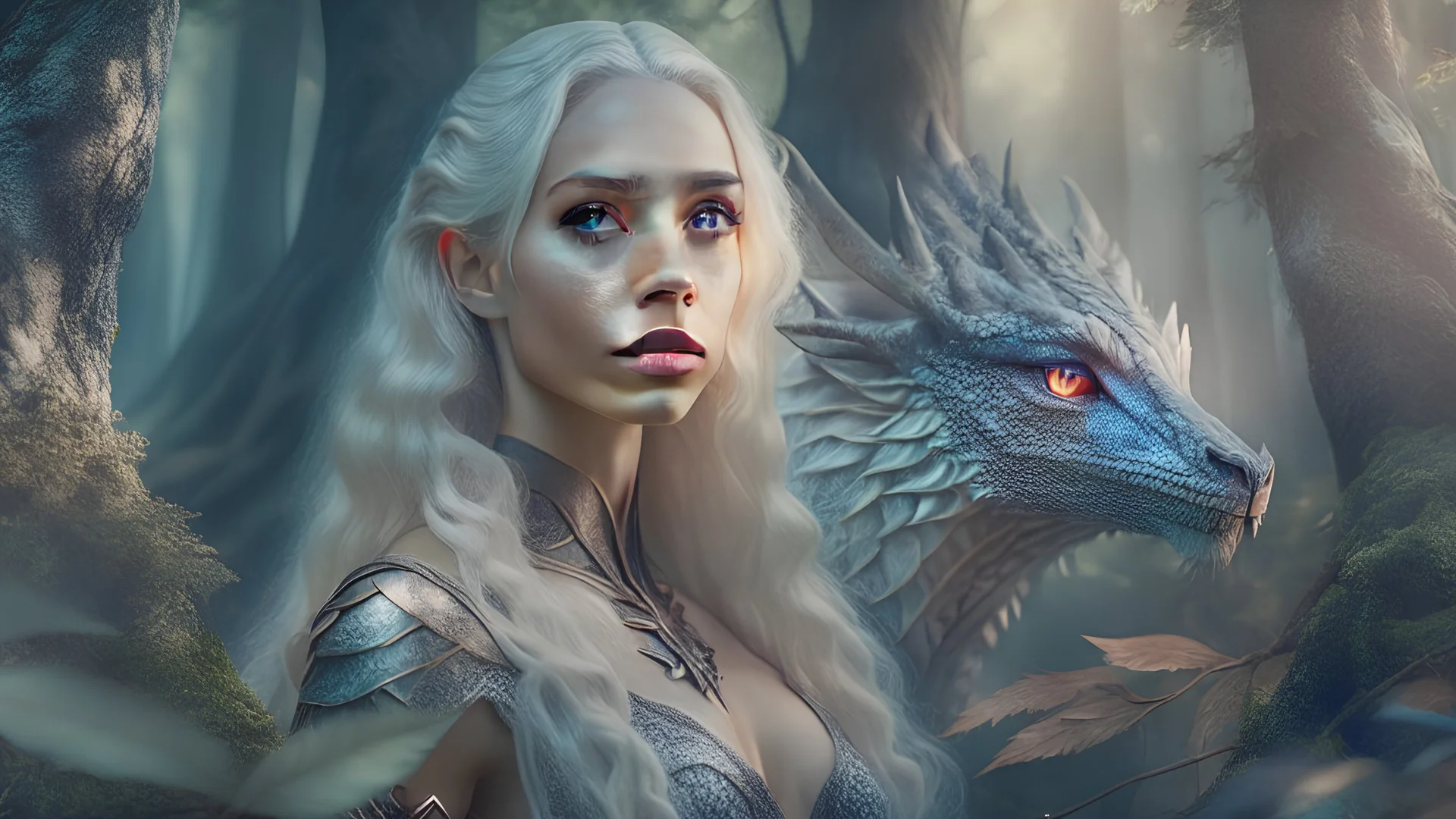 whole body image of beautiful Daenerys Targaryen in a mystical enchanted forest standing next to a dragon, HD 8K, sharp detail, hyperrealistic photo accurate face and features, cinematic lighting