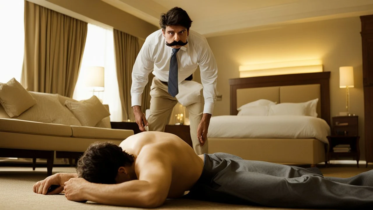 man passed out on hotel room floor while his mustached boyfriend stares at him longingly