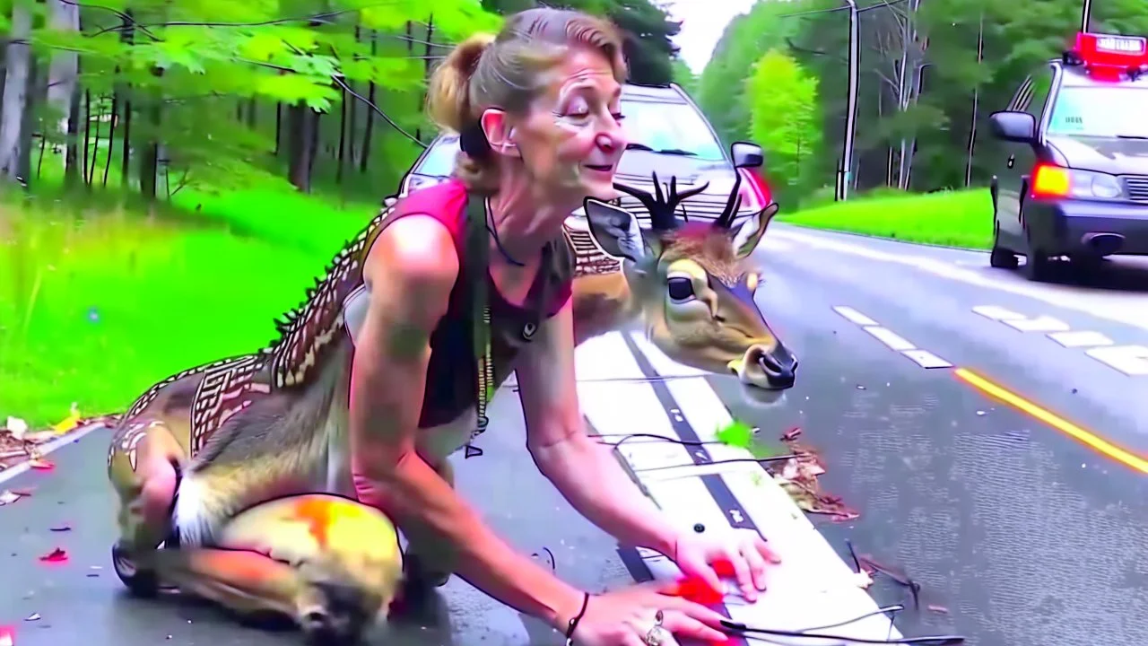 upset lady tries to revive deer on the highway using CPR or Mouth to Mouth