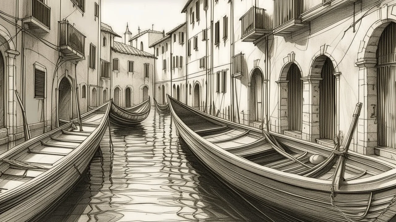 A masterful pencil sketch of a narrow Venetian canal, capturing the essence of the city's charm. The water shimmers with dappled sunlight reflecting off the surface, creating a dreamy ambiance. Several traditional Venetian boats are moored along the canal, while the buildings in the background exude the classic Italian architecture. The intricate shading adds depth to the scene, making it appear almost three-dimensional. The overall effect is one of tranquility and timeless beauty.