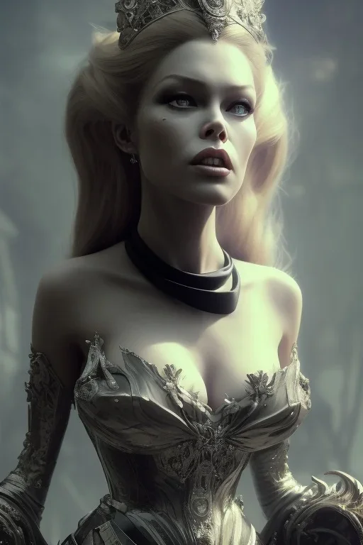 Brigitte Bardot as evil queen in black leather, leather, busty, cleavage, angry, stern look. character design by cory loftis, fenghua zhong, ryohei hase, ismail inceoglu and ruan jia. unreal engine 5, artistic lighting, highly detailed, photorealistic, fantasy.