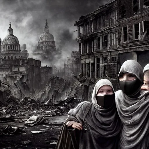 women, faces covered in black masks, ragged clothes, holding flag, war-torn, destroyed city in the background, 8k resolution, hyperrealistic, detailed matte painting, b&w, dynamic lighting, war, anarchy, terrorists, George Grie, Ben Goossens, Igor Morski, brian froud, howard lyon, selina french