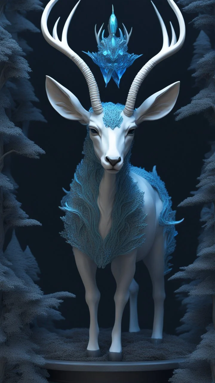 Dark forest, fantasy forest, gazelle with blue Crystal horns , intricate details, highly detailed in dreamshaper finetuned model with dynamic art style witg