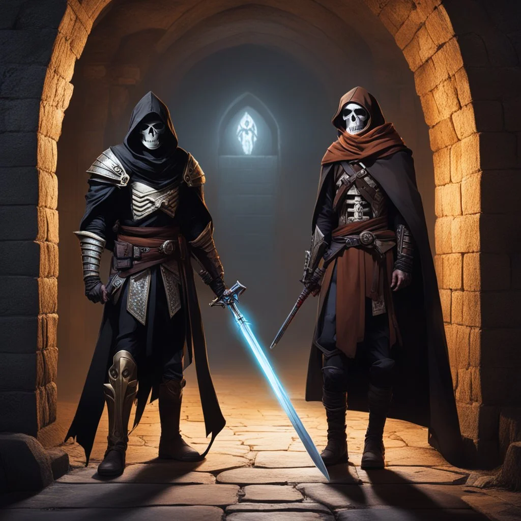 full-body photo of two characters of an ADnD campaign in a crypt. character 1: is a dark ninja, character 2: is a wizard skeleton in a brown cape