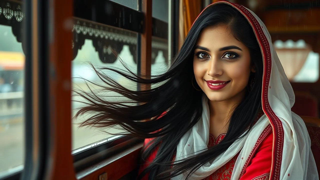 Hyper Realistic Photographic Close View Of A Beautiful Pakistani Pashto Young Woman Sitting Inside A Traditionally Crafted Pakistani Buss And Looking Outside From That Pakistani Buss's Window, Woman Is Smiling, Have Beautiful Eyes & Beautiful Long Black Hair Whirling From Outside Window (Wearing Red Dress With Maroon Embroidery & White Dupatta) At Beautiful Rainy Weather Showing Dramatic And Cinematic Ambiance.