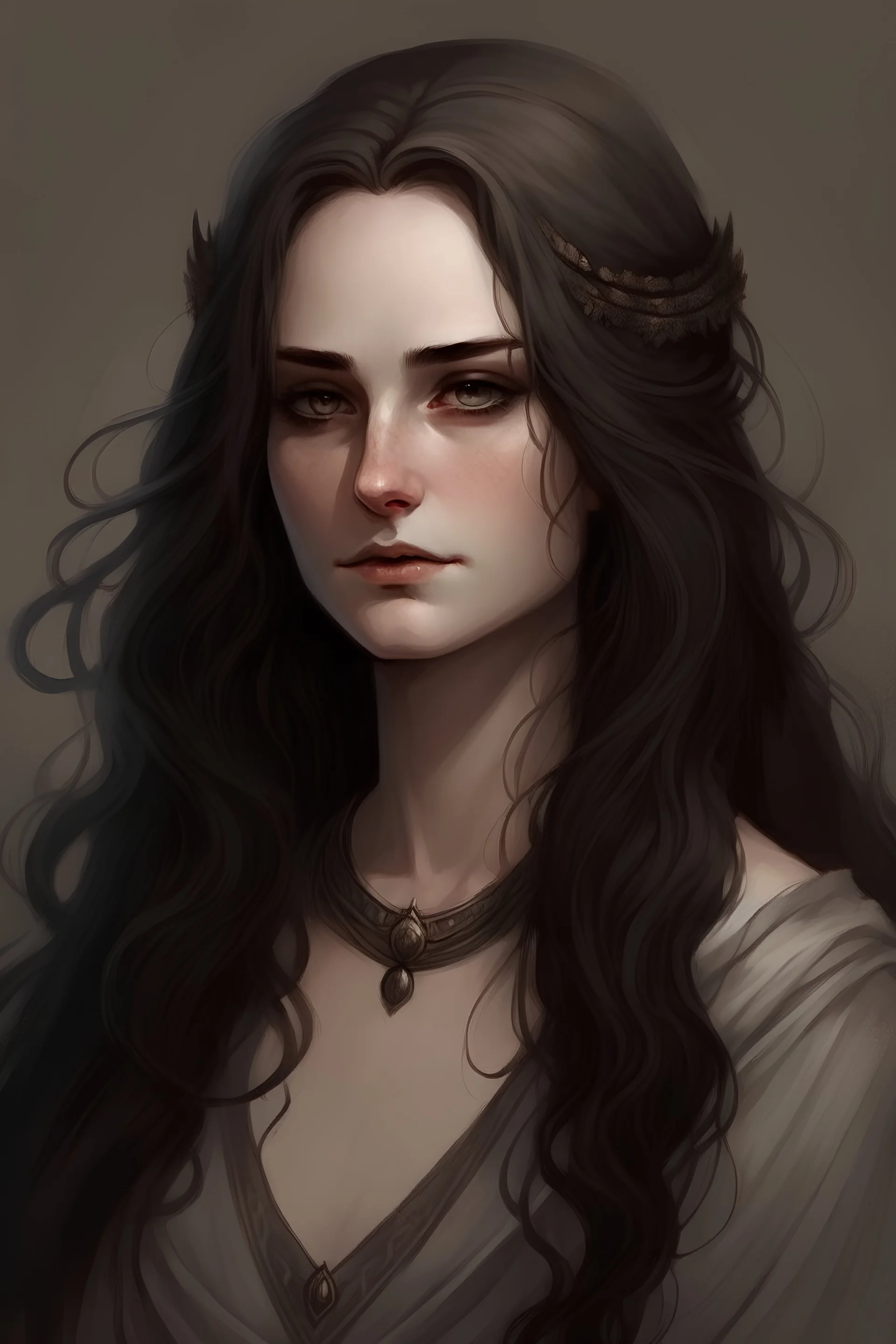 portrait of Cynara, the antagonist of a youth novel; she became mean after a stroke of faith, she is beautiful and has long dark hair, her appearance is like a greek goddess