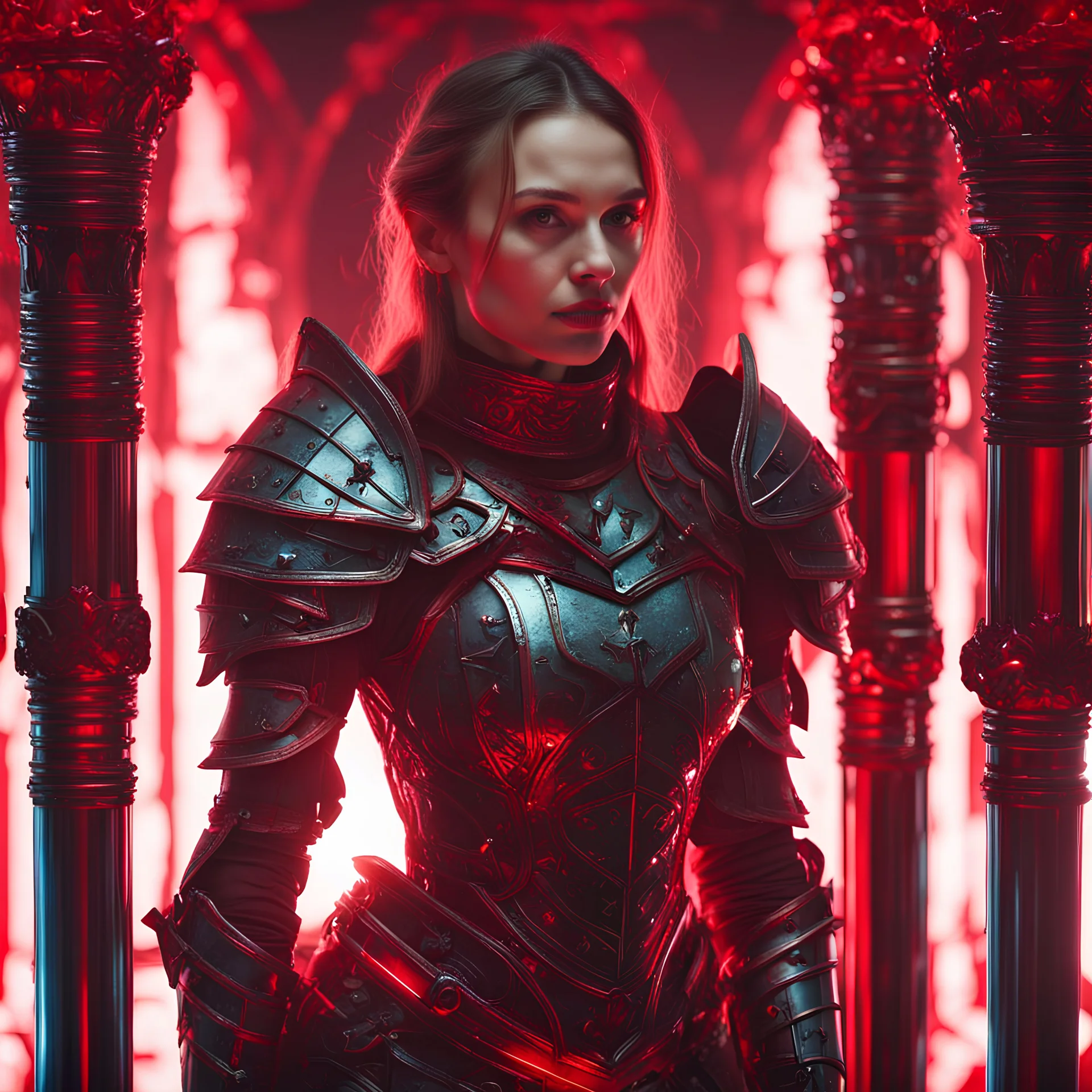 A portrait of pretty female knight in bioluminescent red room