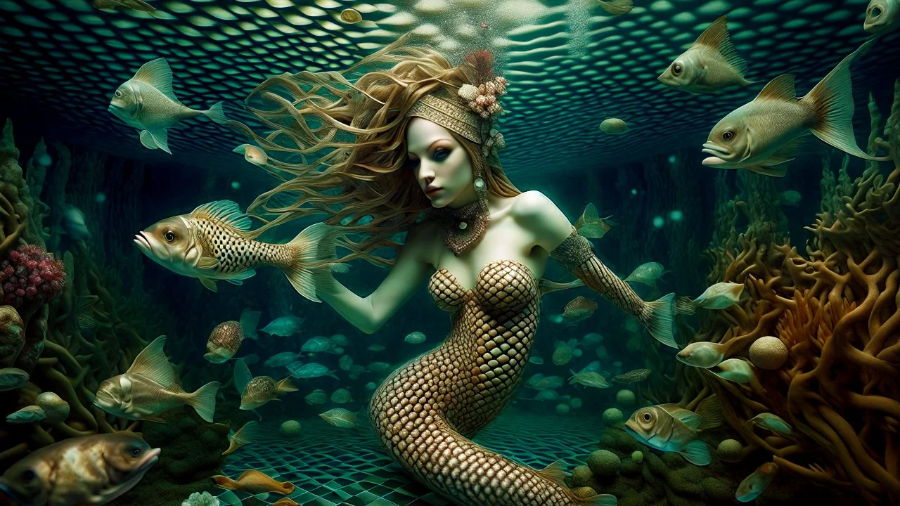 A surreal underwater scene with a mermaid-like figure swimming amidst a checkered pattern background, with a fish and other aquatic, ray-traced effects, ultrarealistic, insanely detailed and intricate, hypermaximalist, elegant, ornate, hyper realistic, super detailed, by sam