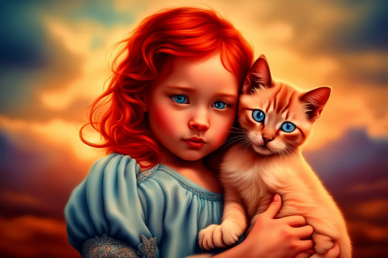 young red haired child with blue eyes lovingly cradles a regal blue eyed Siamese kitten in her arms, the two of them exuding an air of peace and grace. Modifiers: Award winning photography fantasy oil on canvas photorealistic very attractive dynamic lighting fantastic view ultra detailed cinematic postprocessing VRay neon Iridescent aesthetically perfect facial features Tesselated