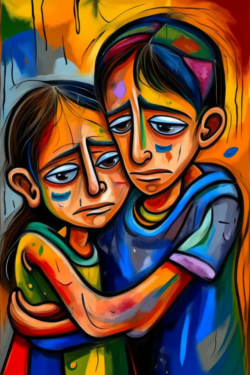 a girl hug her brother and both crying sadly, expressionism, Pixar style, in abstract art Basquiat, Picasso, Miro, Kandinsky, Klee, Birell, Fairey, Ardon, Buffet aand Picasso style, HD --s 750 --v 5.1 --style raw, water color